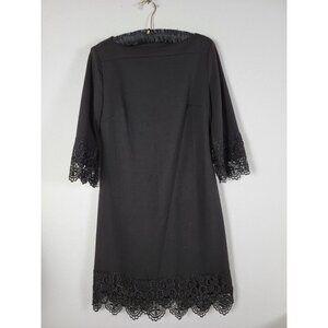 ECI Black Ponte Shift Dress Sz 8 Lace Crochet 3/4 Sleeve Scalloped Career Work